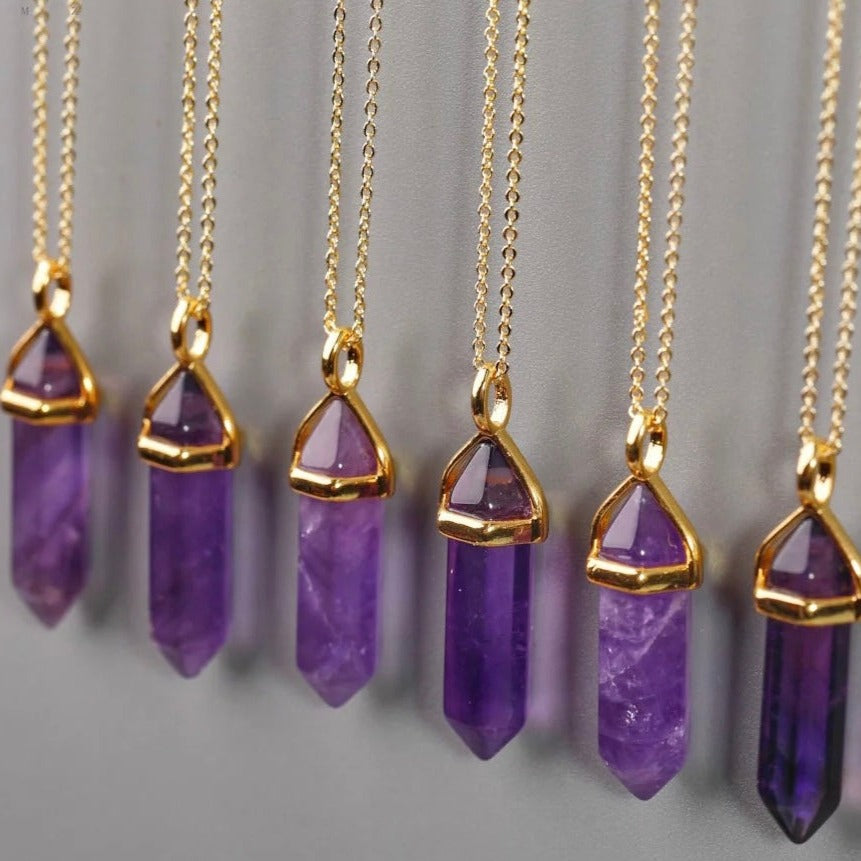 Amethyst Hexagon point necklace - Gold plated gemstone necklaces