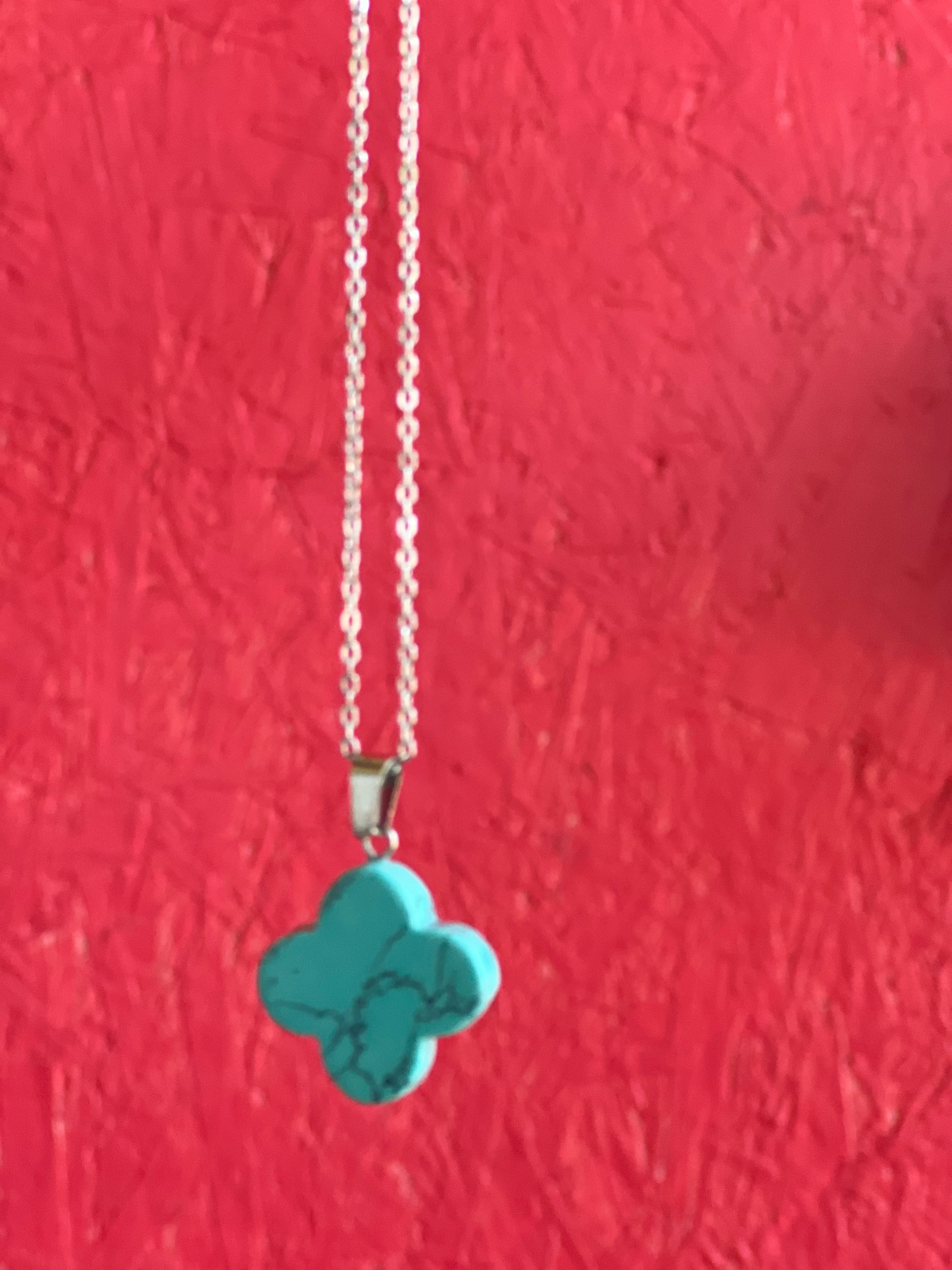 Clover Turquoise Crystal Necklace - Silver Chain 