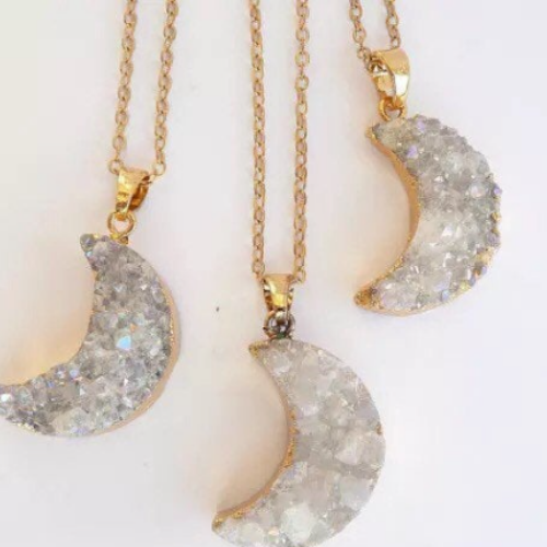 Crescent moon necklace | Dainty druzy pendant|  Gold plated moon necklace