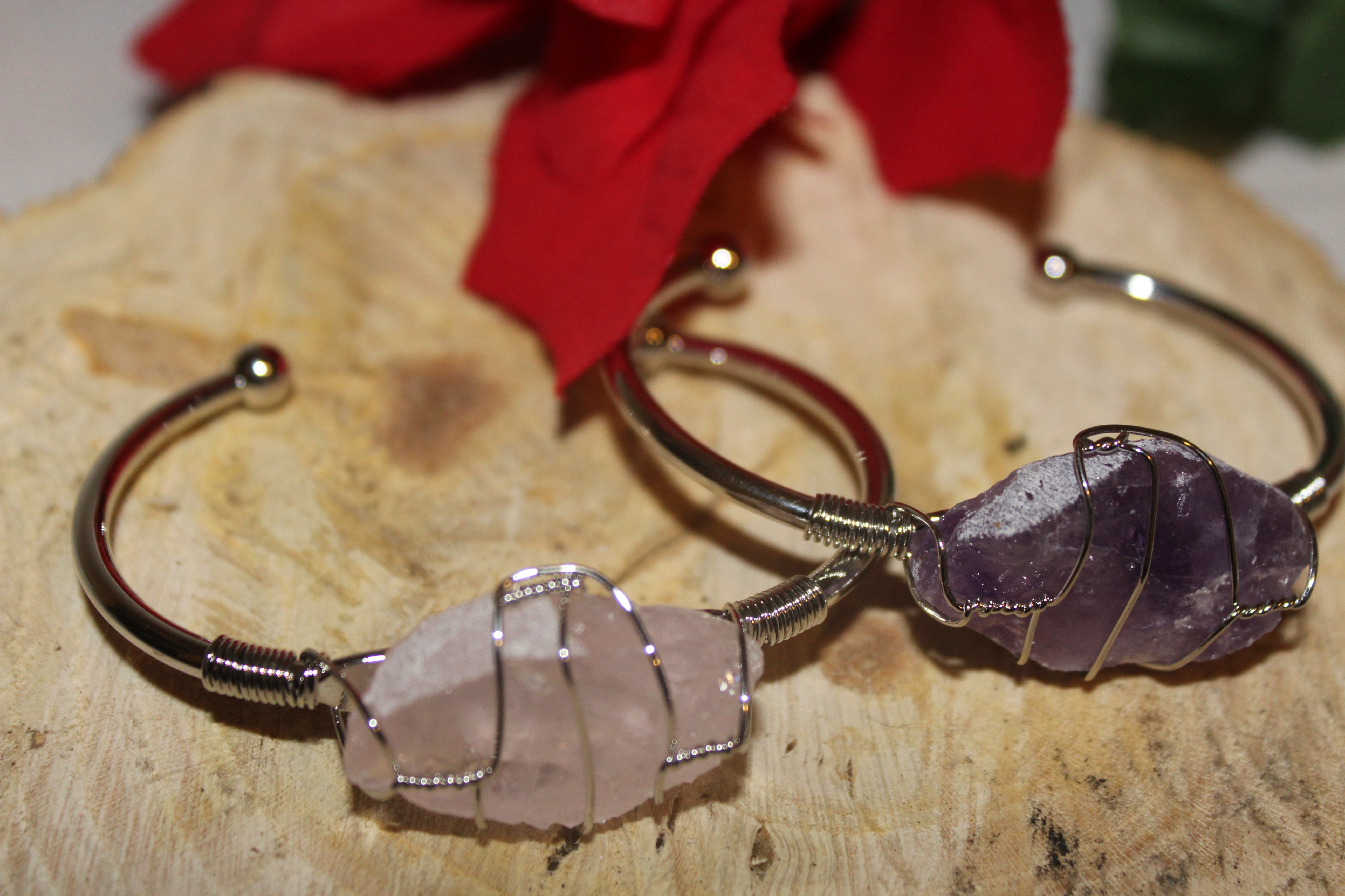Wire wrapped bangles with crystal | Rose quartz & Amethyst