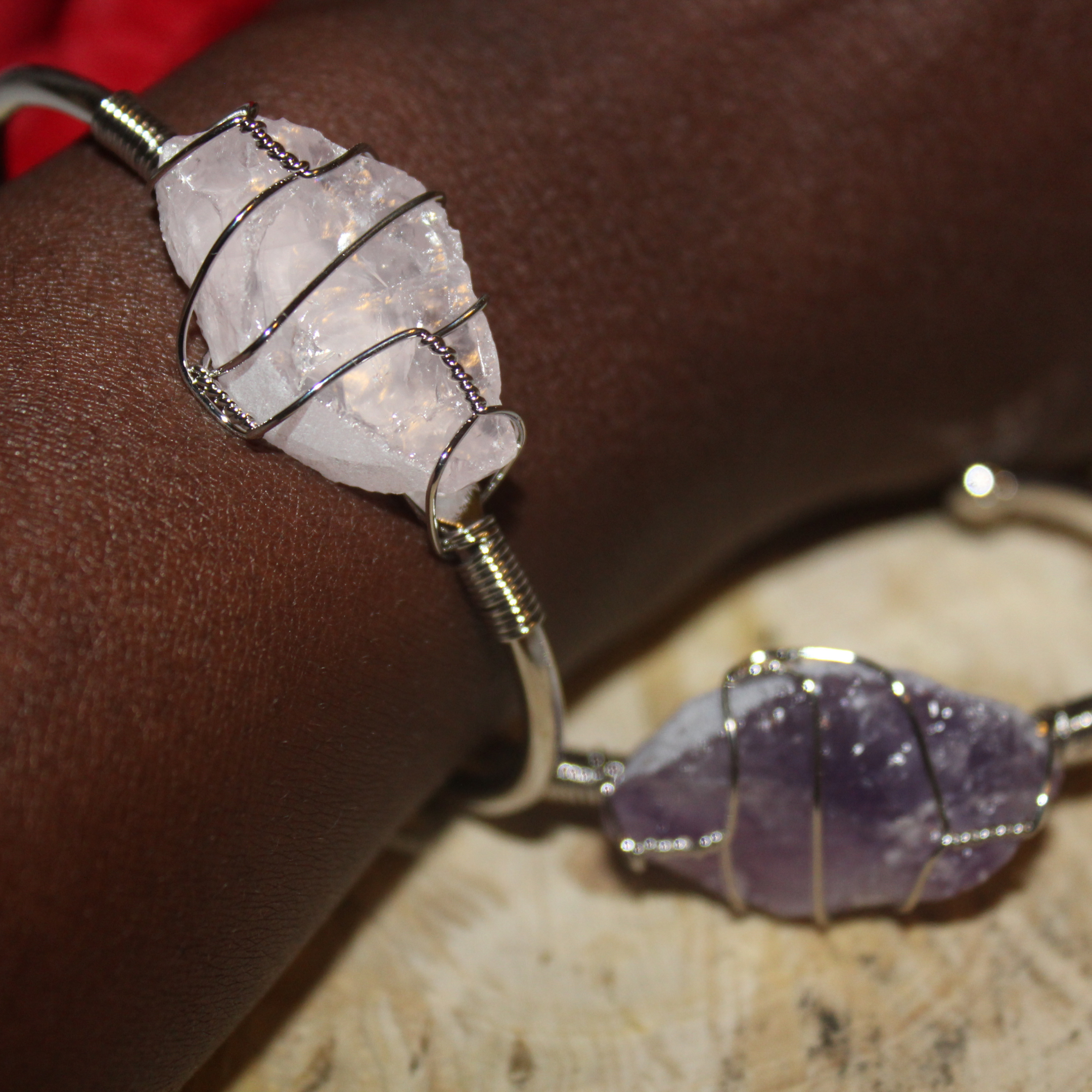 Wire wrapped bangles with crystal | Rose quartz & Amethyst