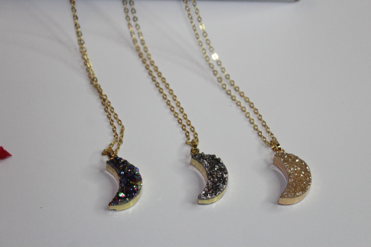 Crescent moon necklace | Dainty druzy pendant|  Gold plated moon necklace