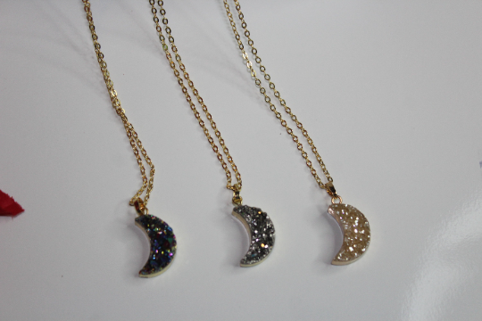 Crescent moon necklace | Dainty druzy pendant|  Gold plated moon necklace