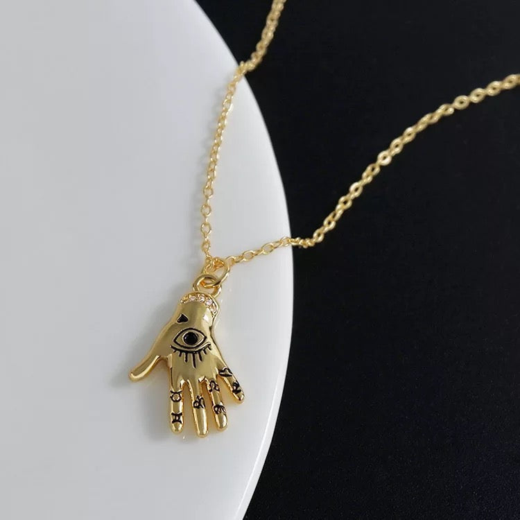 Fatima Hand charm necklace with Evil Eye- Gold
