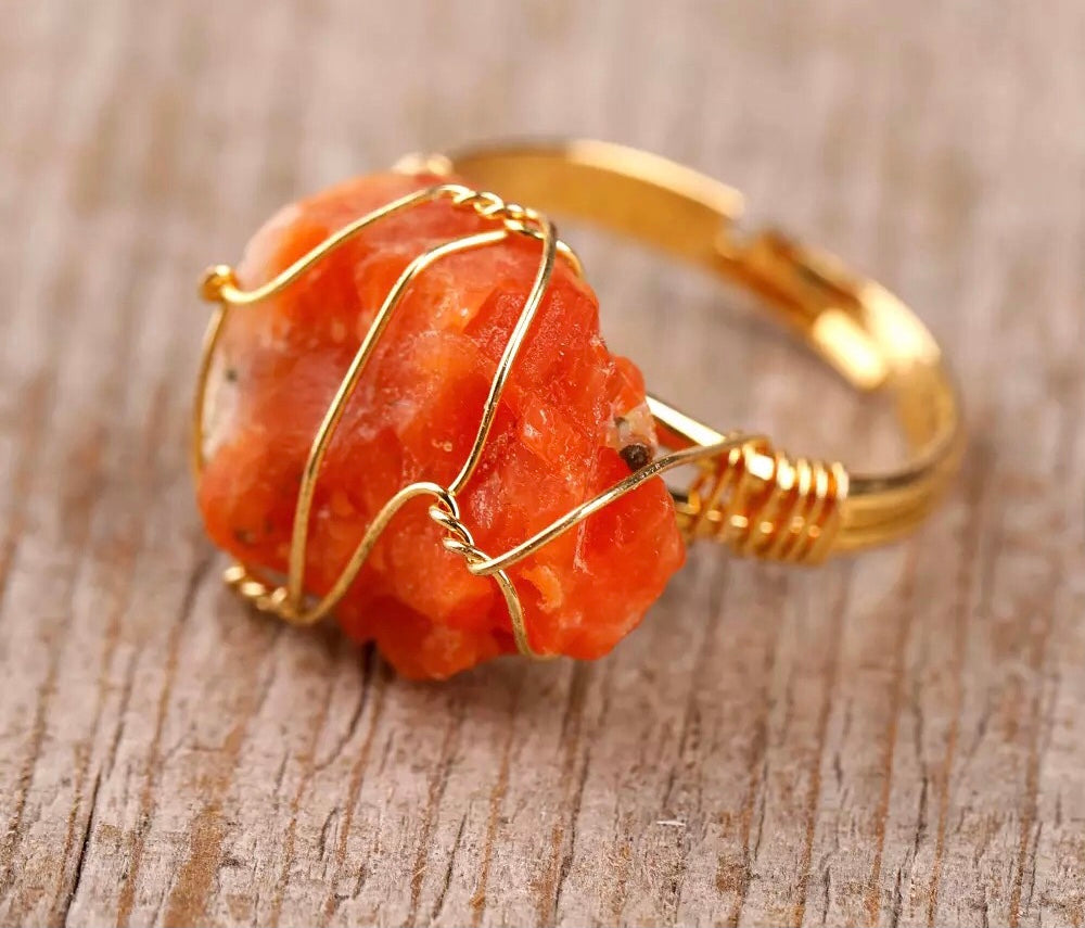 Raw healing stone rings wire wrapped - Adjustable gold ring