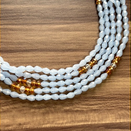 Light Blue Sky waist beads with white & gold crystal beads