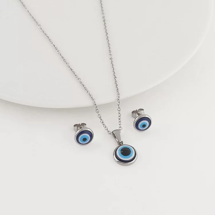 Blue Evil Eye jewelry set - Matching Earrings & necklace