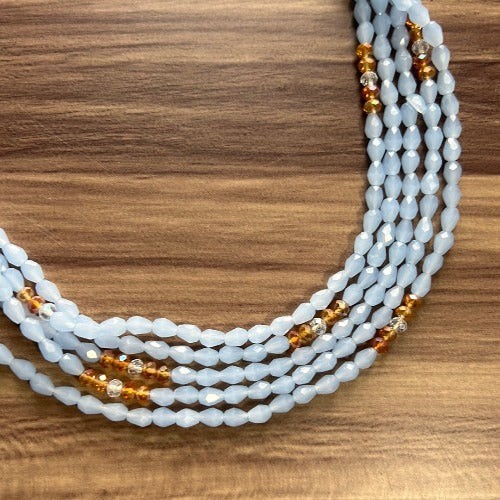 Light Blue Sky waist beads with white & gold crystal beads