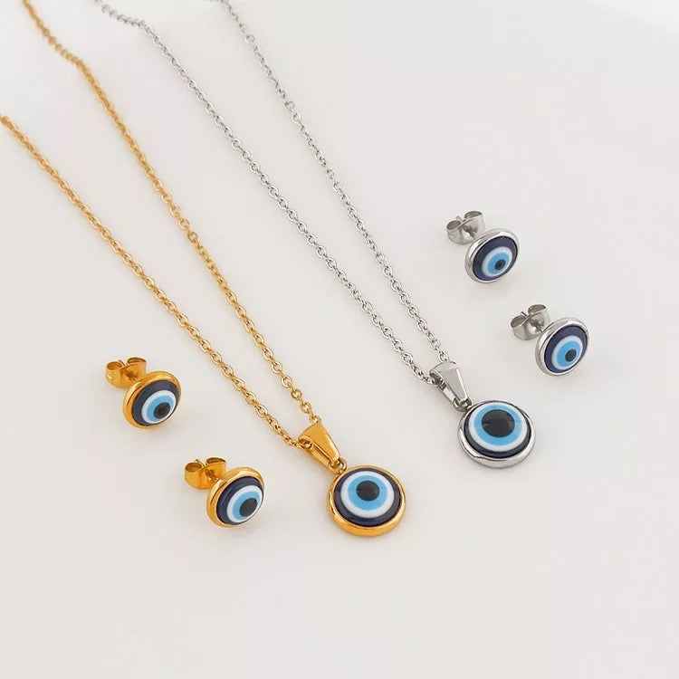 Blue Evil Eye jewelry set - Matching Earrings & necklace