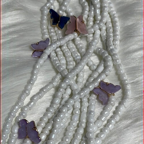 white blessed waist beads with butterfy