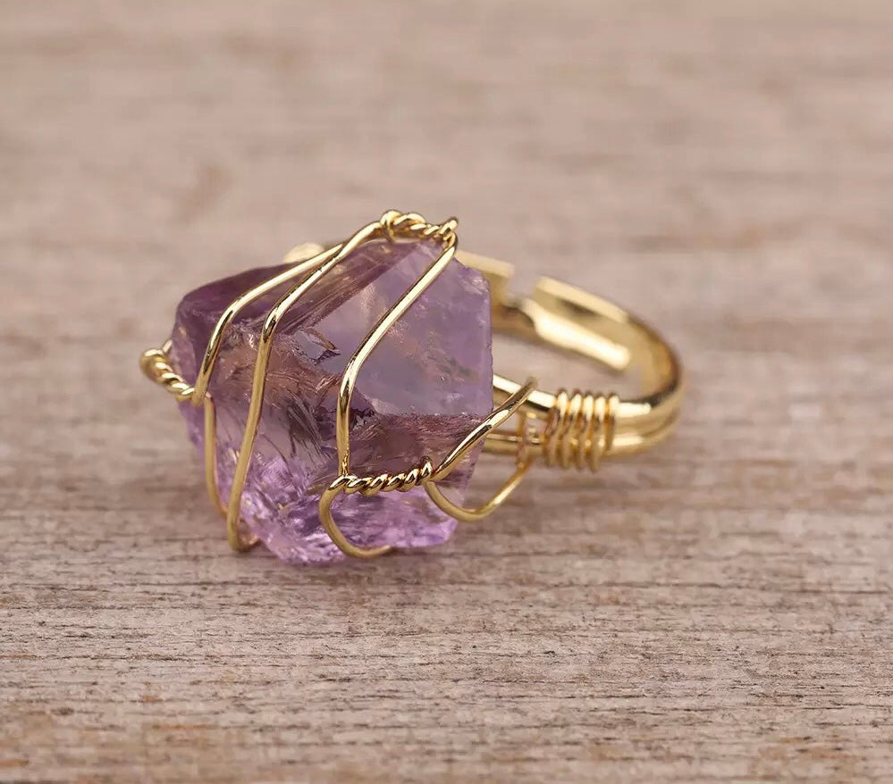 Raw healing stone rings wire wrapped - Adjustable gold ring