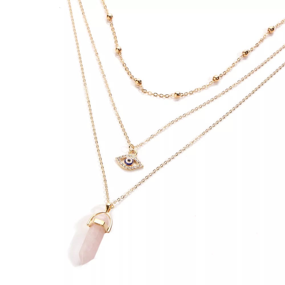 layered rose quartz crystal necklace
