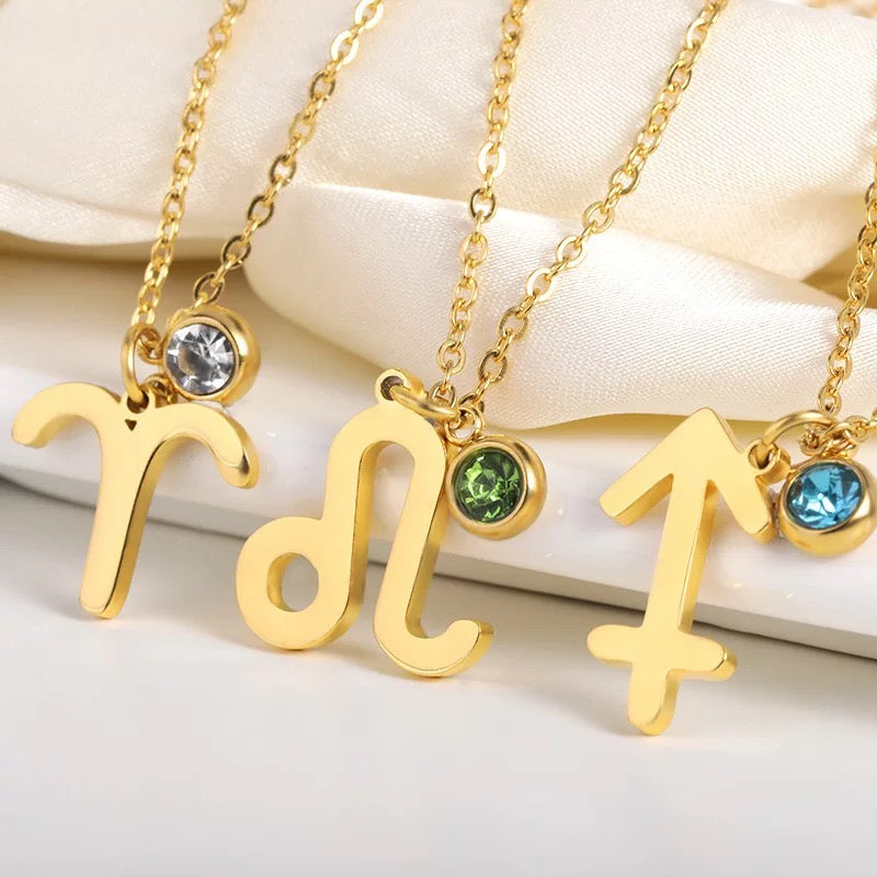 Zodiac sign necklace with birthstone - 18k Gold plated