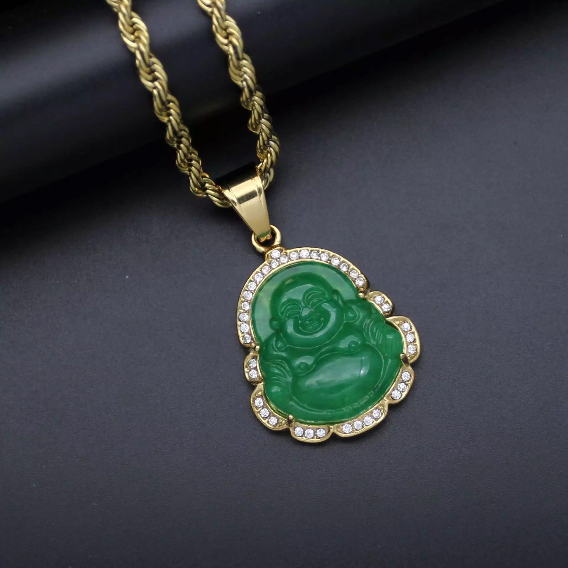 Diamond & Silver Buddha Pendant on Emerald Beaded Chain - | Lazaro SoHo