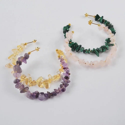 Healing crystals hoop earrings - Gold plated gemstone jewelry