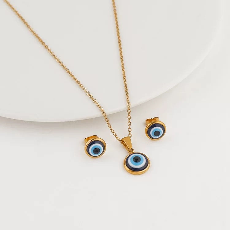 Blue Evil Eye jewelry set - Matching Earrings & necklace