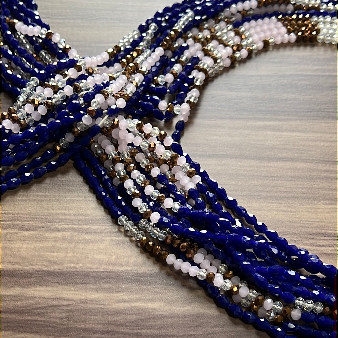 Rose quartz Crystal waist beads with blue & clear beads