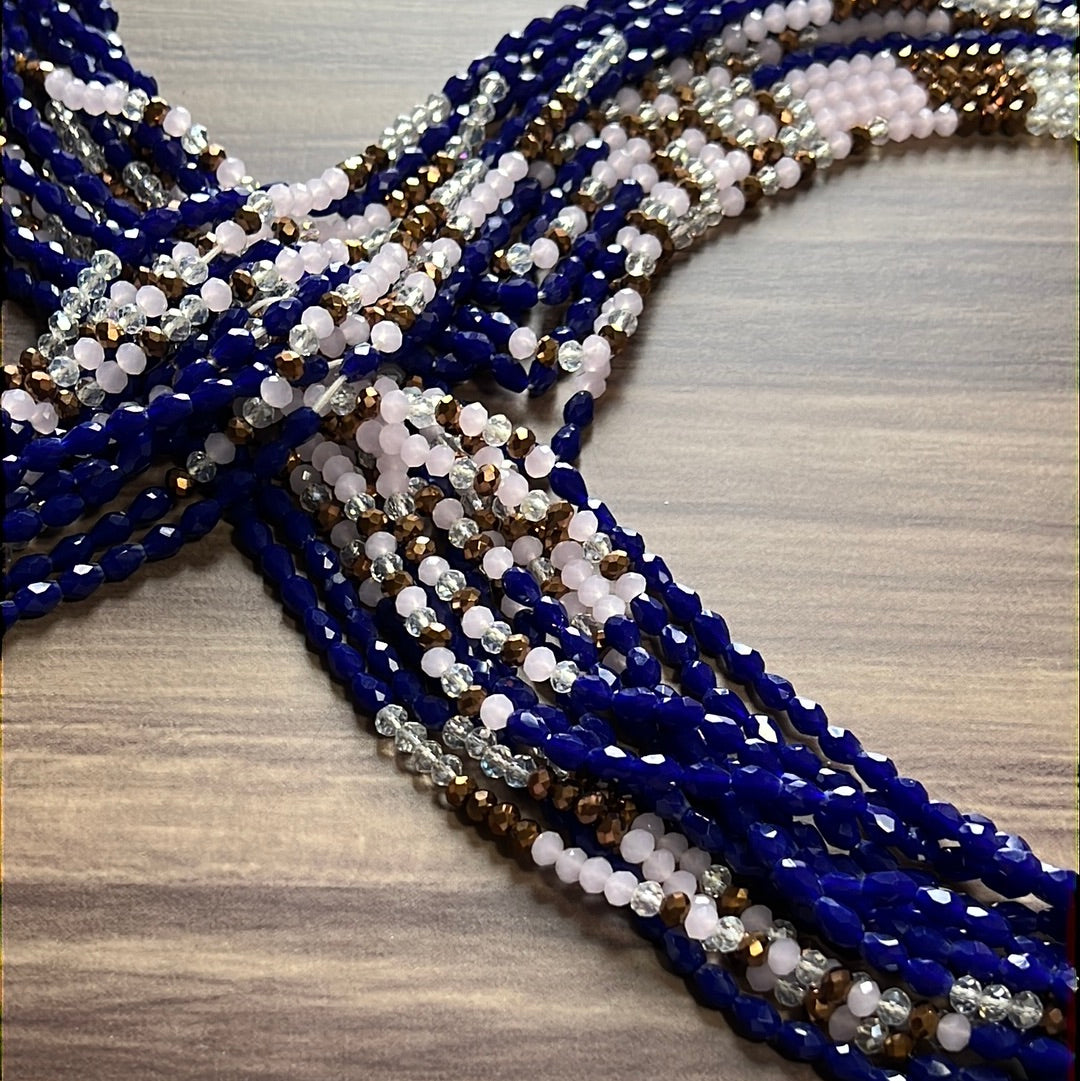 Rose quartz Crystal waist beads with blue & clear beads
