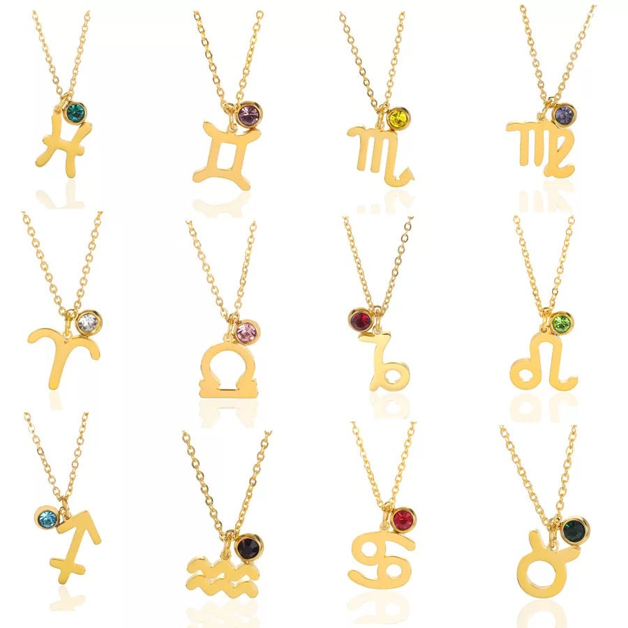 Zodiac sign necklace with birthstone - 18k Gold plated