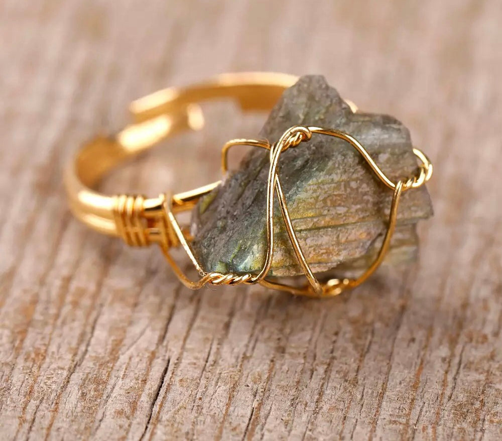 Raw healing stone rings wire wrapped - Adjustable gold ring