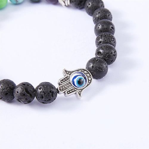 7 Chakra healing bracelet with Lava rock stones - Hamsa hand